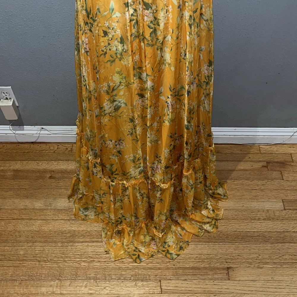Mac Duggal Yellow Multicolor Flounce Sleeve Floral Maxi Dress NWT